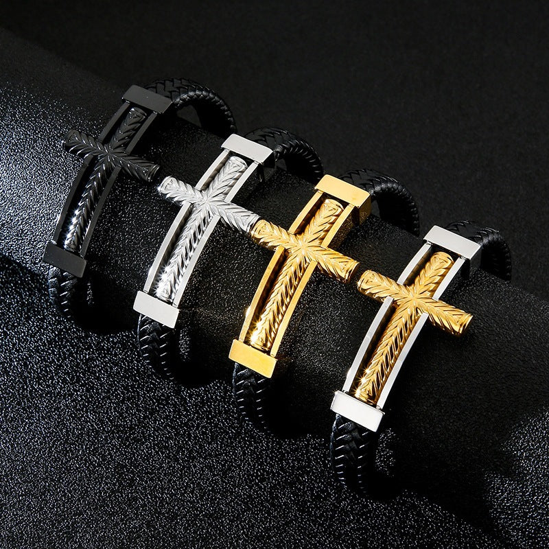 Tide & Cool Wheat Ear Pattern Cross Titanium Steel Leather Bracelet Men's – Niche