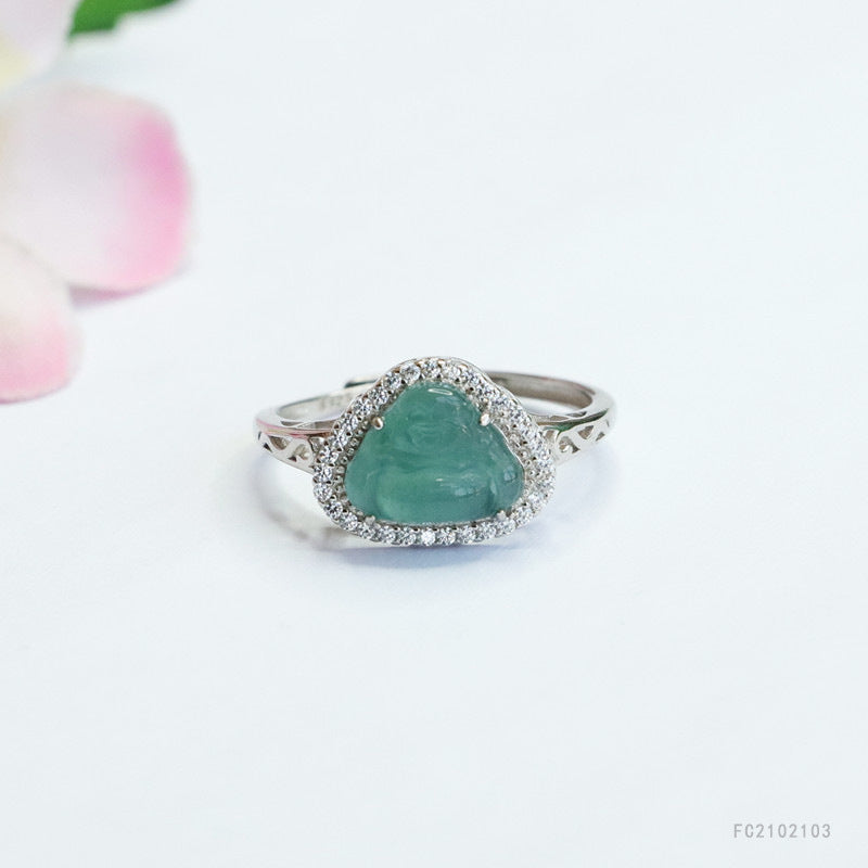 Icy Blue Jadeite Buddha Halo 925 Silver Ring