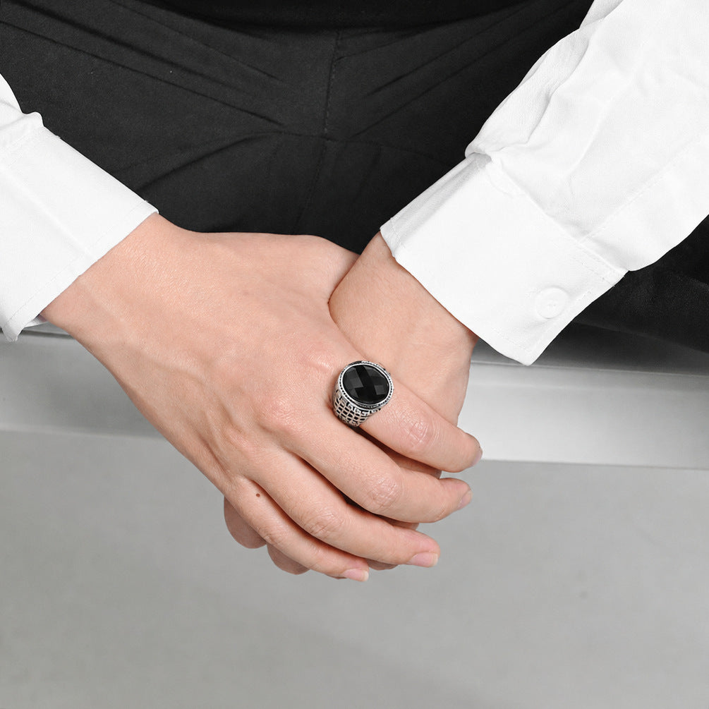 Great Wall Textured Oval Black Gemstone Stainless Steel Men's Ring Stainless Steel Seal