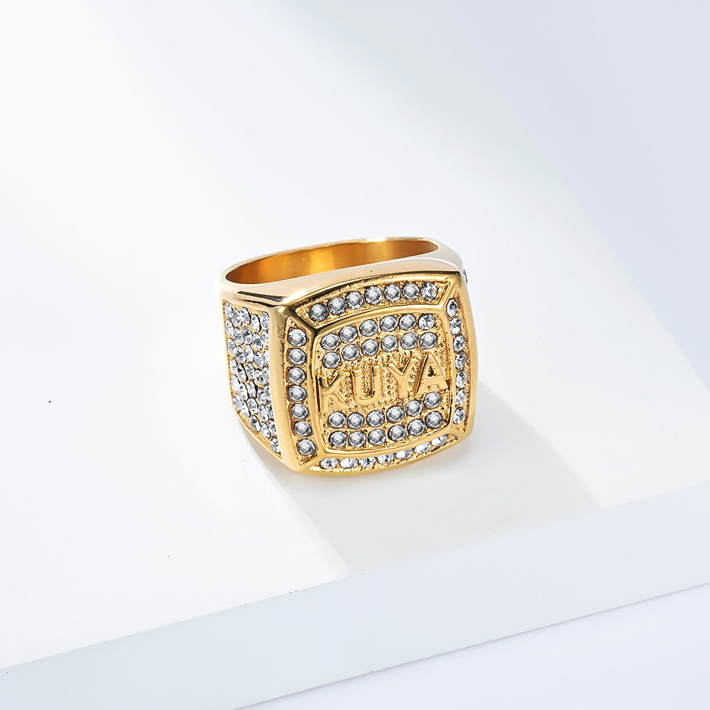 Planderful Shop Titanium Steel KUYA Ring For Men Hip Hop Style Full Zircon Niche Fashion Jewelry