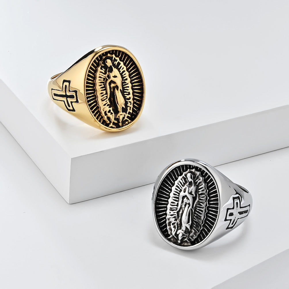 European and American Retro Virgin Mary Titanium Ring for Men and Women