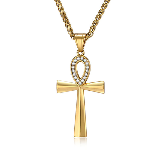 Planderful Ankh Zircon Cross Necklace For Men Titanium Steel Pendant With Inlaid Zircon Stones