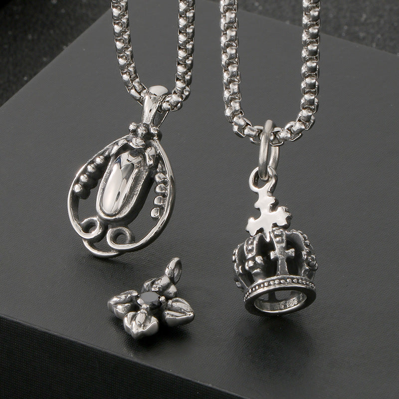 Old Versatile Zircon Cross Flower Sweater Chain, Retro Crown Stainless Steel Men's Pendant. Necklace