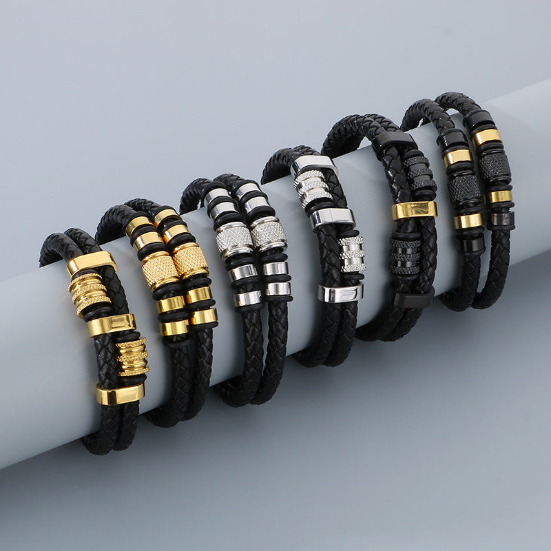 Business Style Double-Strand Woven Leather Rope Bracelet – Punk Stainless Steel Beaded