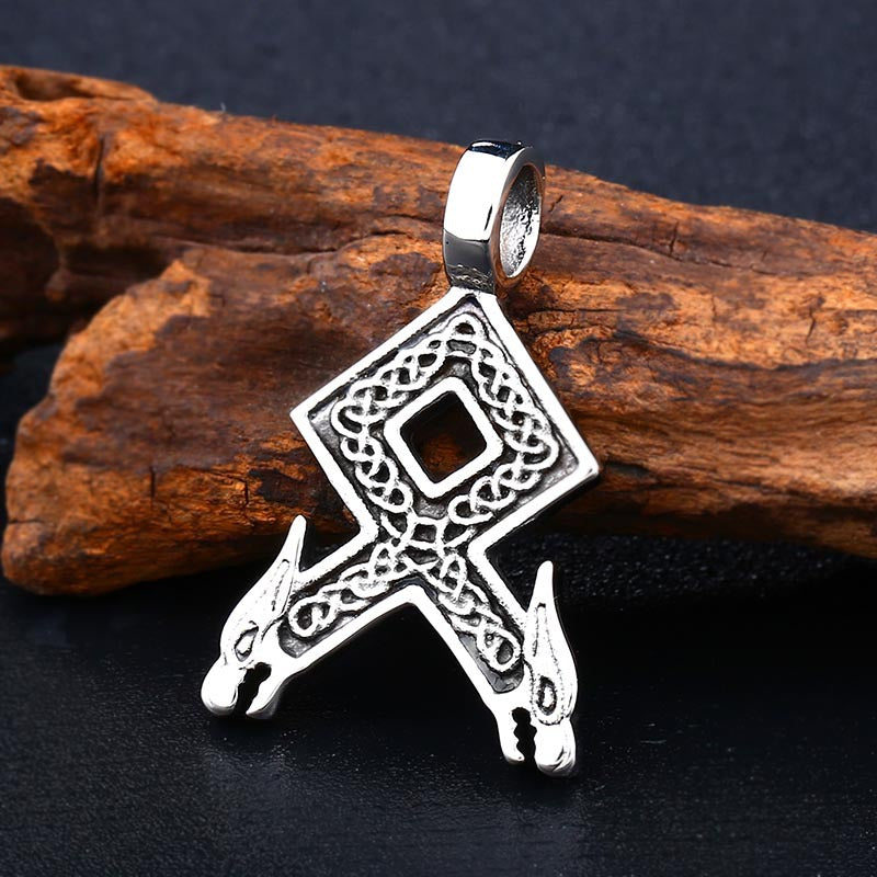 Titanium Steel Pendant with Nordic Viking Rune and Retro Double Dragon Heads for Men