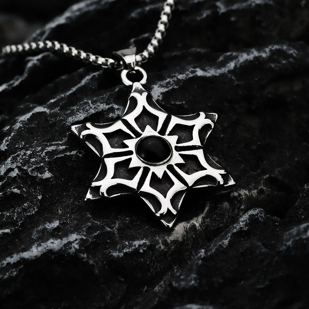 European And American Retro Men's Pendant Necklace With Black Gemstone Hexagram