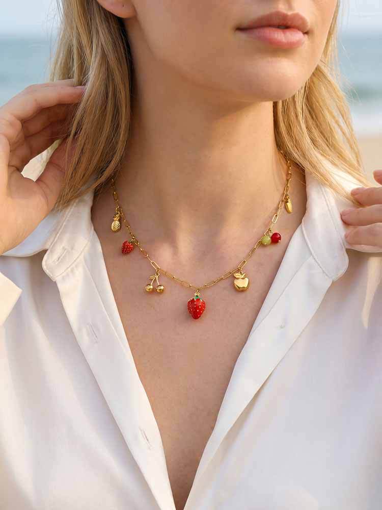 Stainless Steel Vacation Wind Sweet Strawberry Cherry Pineapple Necklace Multi-Element