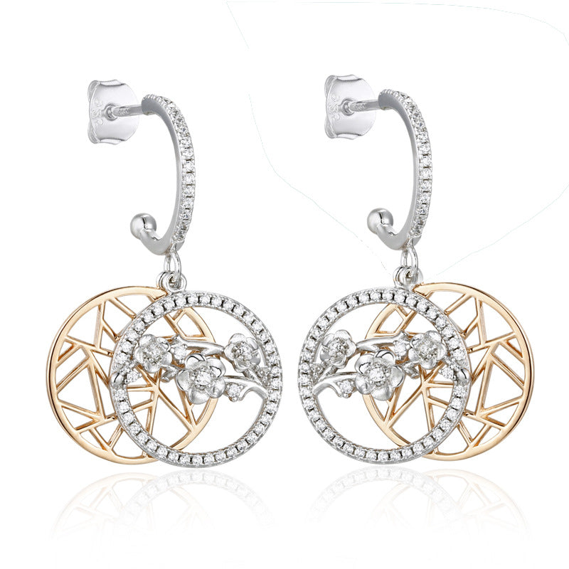 Zircon Plum Double Round Pendant C Shape Sterling Silver Drop Earrings