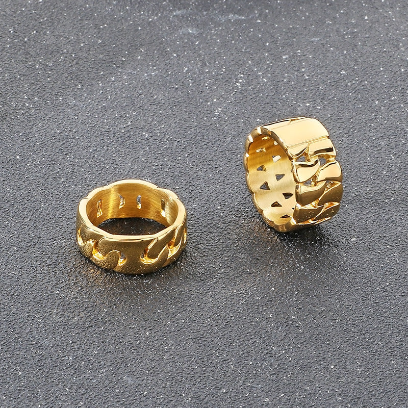 Planderful Mens Hollow Ring 18K Gold Titanium Cuban Chain