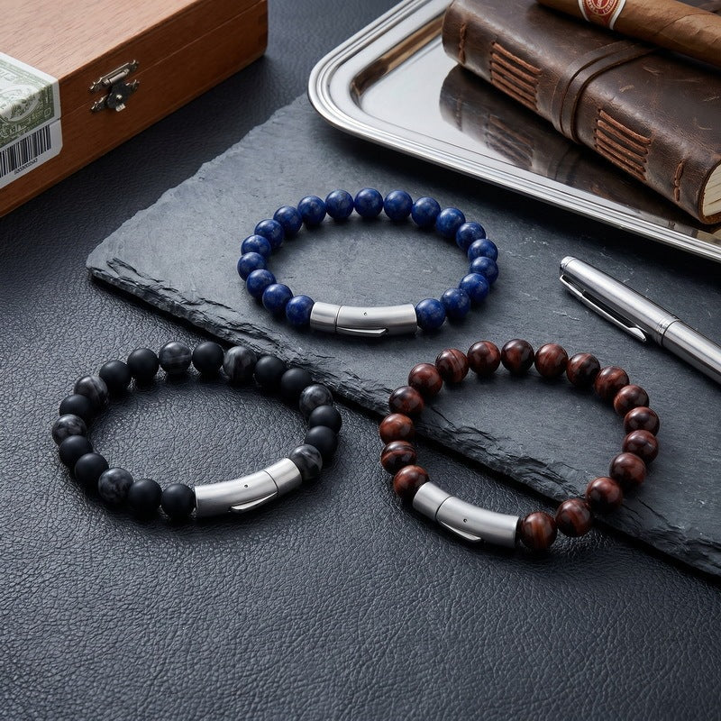 8mm Lapis Lazuli Tiger's Eye Agate Magnetic Suction Titanium Steel Elbow Buckle Men's Bracelet