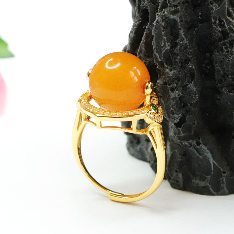 Elegant Sterling Silver Ring with Beeswax Amber Bead and Zircon
