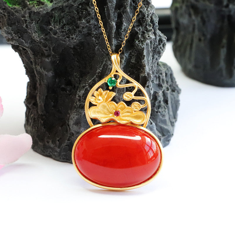 Agate Gourd & Lotus Silver Pendant — No Chain