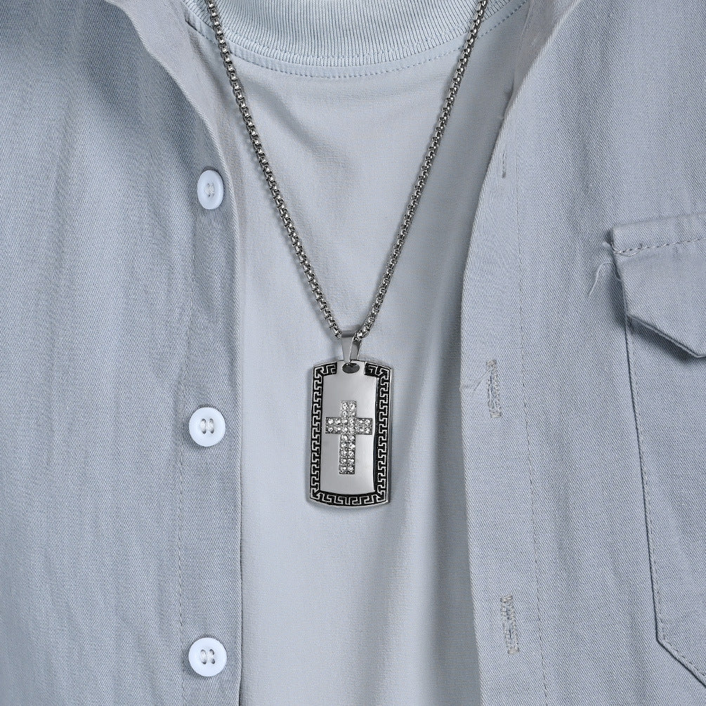 Planderful Cross Necklace For Men Titanium Steel Great Wall Pattern Bold Army Style Niche Personality Pendant