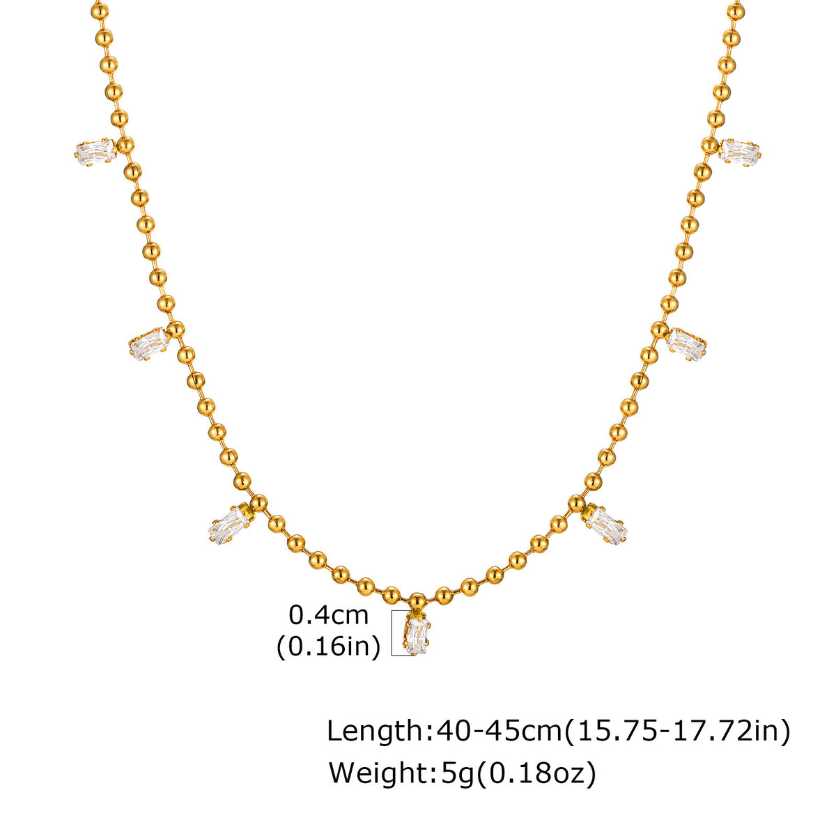 Stainless Steel Bead Chain White Square Zircon Gold Necklace Female