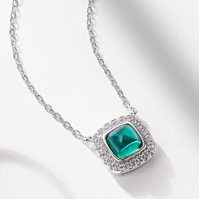 S925 Sterling Silver Lab-Grown Emerald Geometric Pendant Necklace