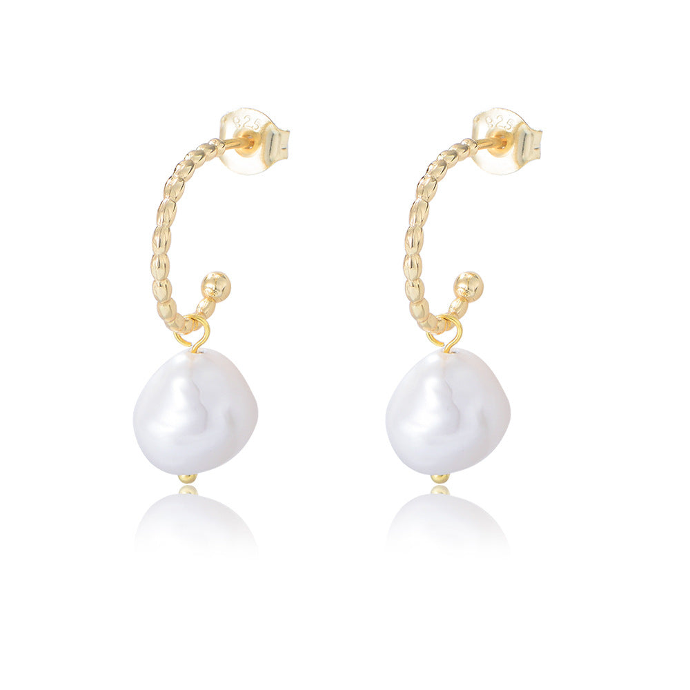 Baroque Natural Freshwater Pearl Earrings 'S S925 Silver C-Shaped Stud Earrings