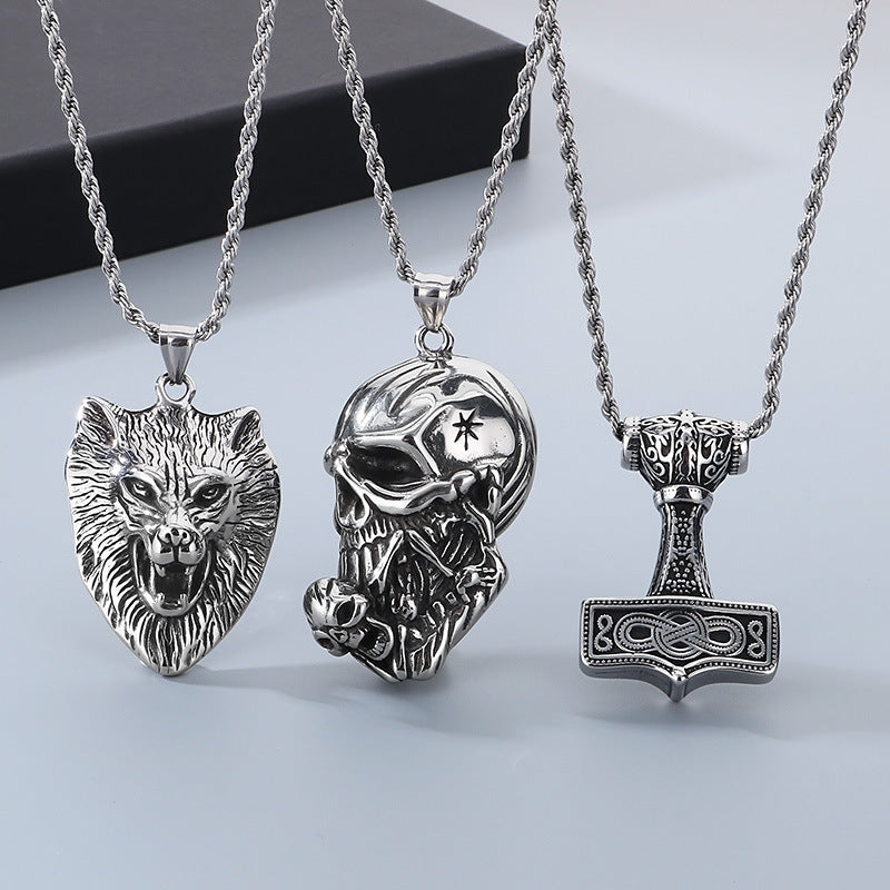 Planderful Thor Hammer Pendant Titanium Wolf Head Bold Men
