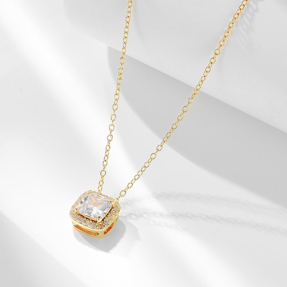 S925 Sterling Silver Geometric Square Zircon Pendant Necklace
