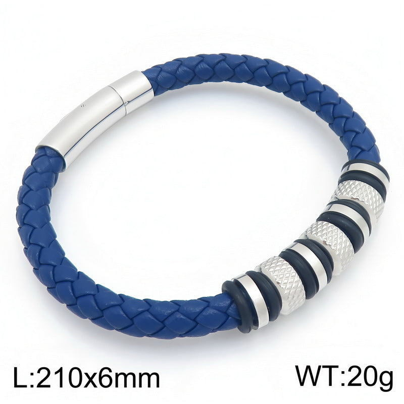 Rhombus Knurled Titanium Steel Ball Woven Microfiber Leather Magnetic Buckle Leather Bracelet