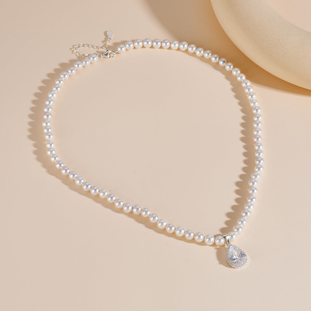 Retro Water Drop Zircon Inlaid Pearl Necklace S925 Sterling Silver Beaded