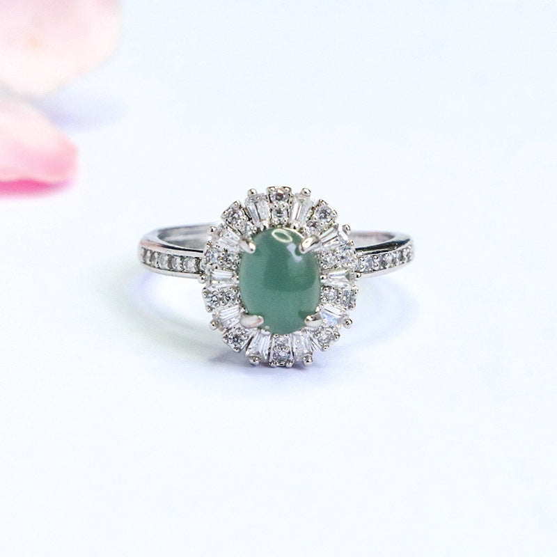 Blue-Water Jadeite Zircon Halo Ring