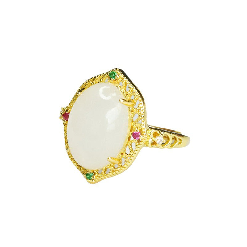 Exquisite Oval White Jade Ring with Zircon Hollow Halo