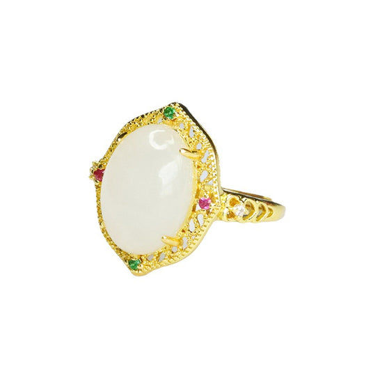 Exquisite Oval White Jade Ring with Zircon Hollow Halo