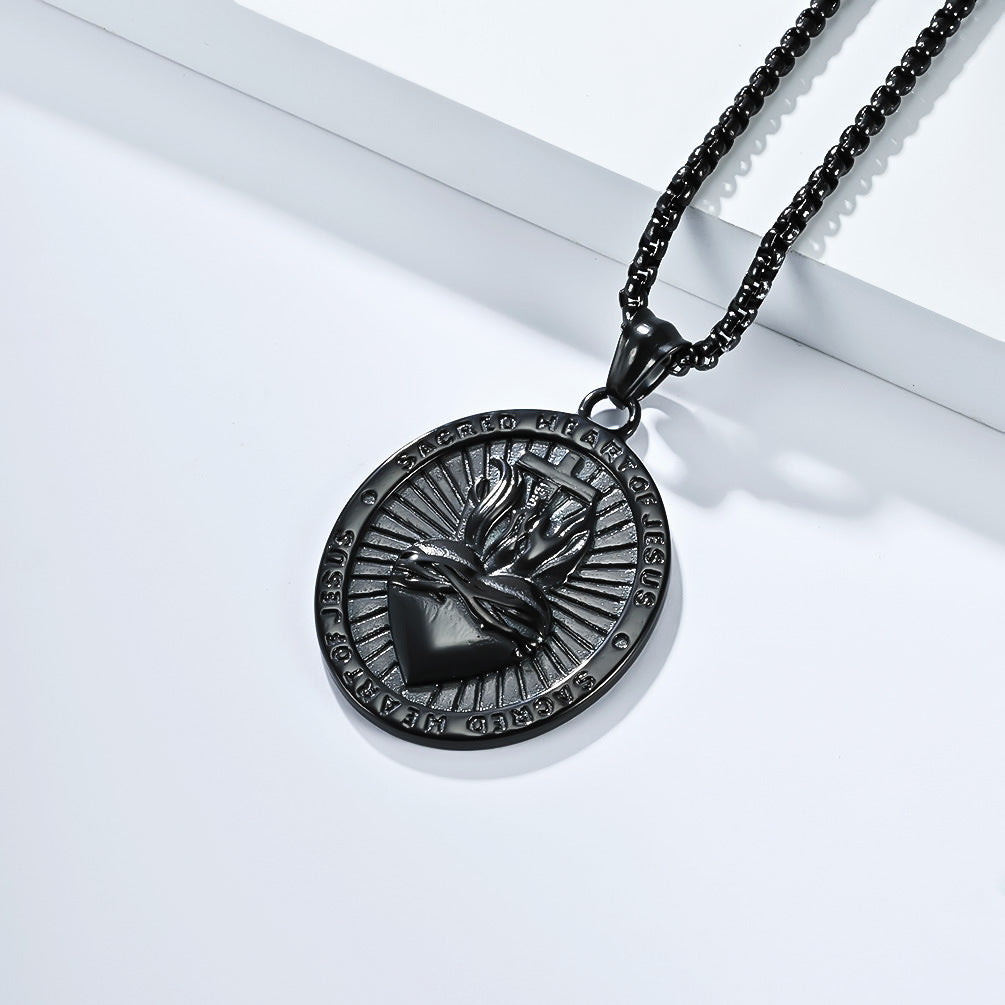 Planderful Sacred Heart Cross Titanium Steel Necklace For Men Retro European American Symbol Body Protection Jewelry