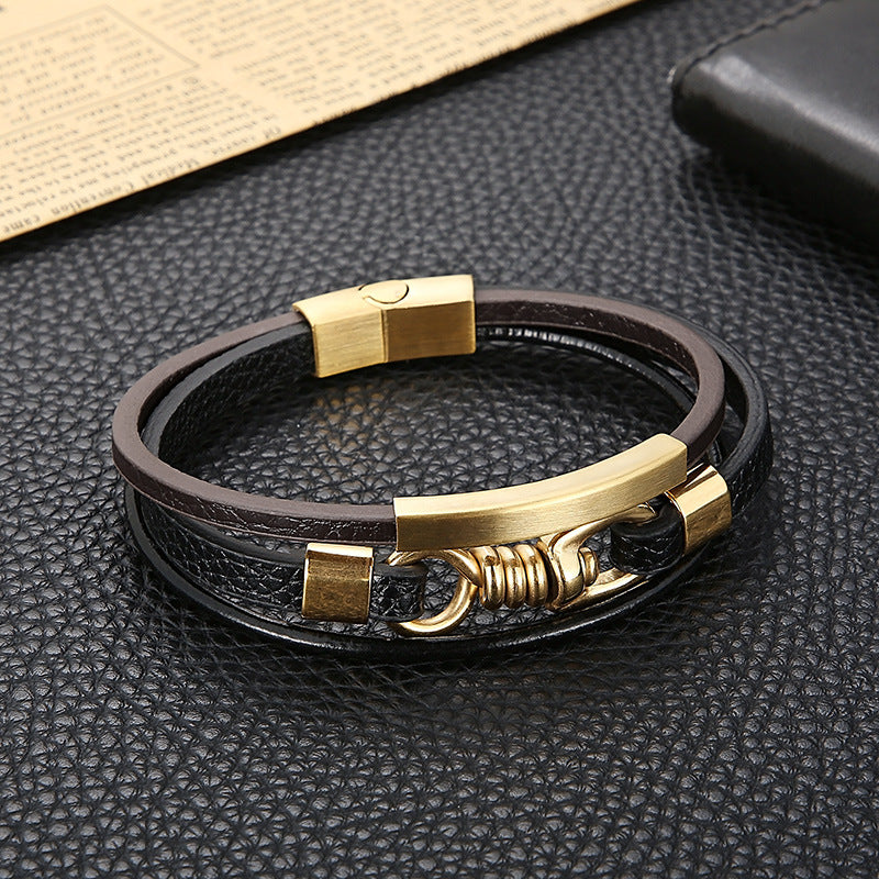 Planderful Mens Leather Titanium Steel Bracelet Punk Style