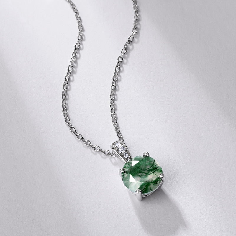 S925 Sterling Silver Moss Agate Geometric Pendant Necklace