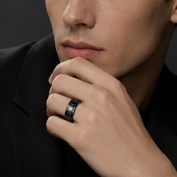 Planderful Everyday Genie Stainless Steel Gear Pattern Ring Versatile For Men And Unisex Zircon Inlaid Black Stone