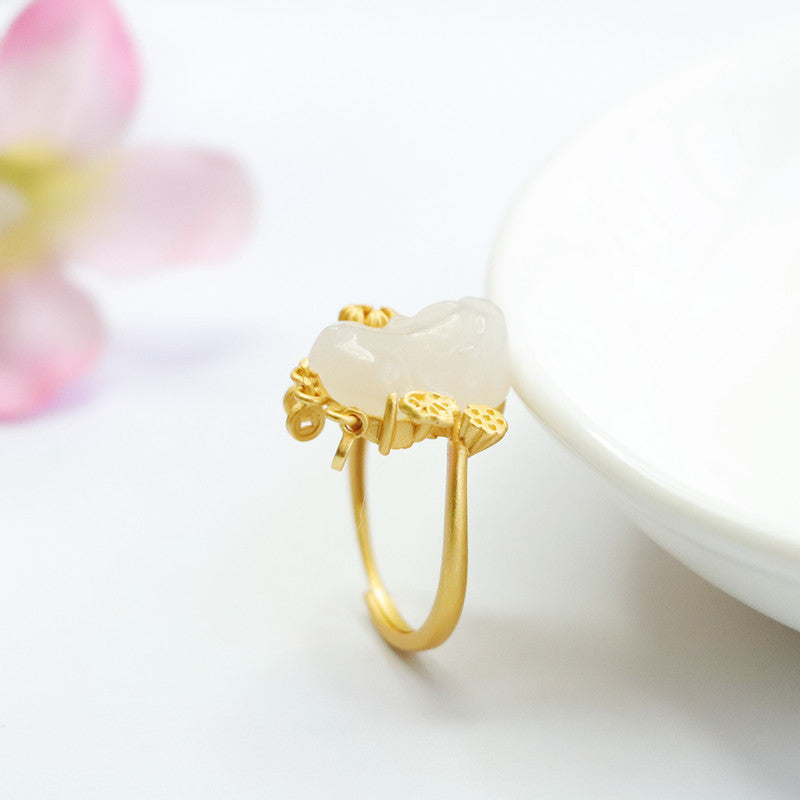 925 Sterling Silver White Hetian Jade Pixiu Ring