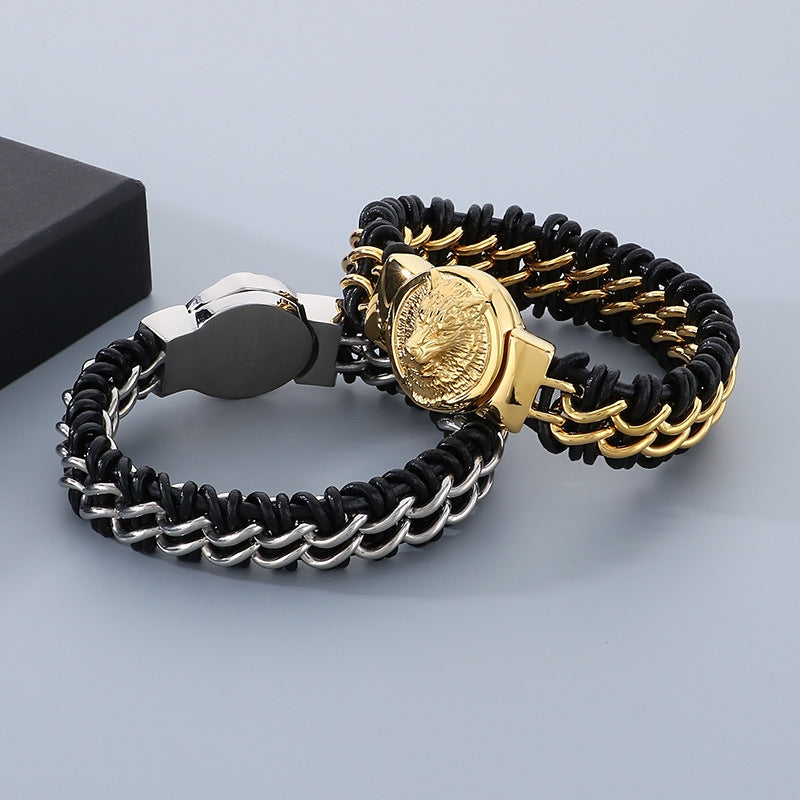 Wolf Head Bracelet – Punk Animal Lion Head Magnet Buckle Titanium Steel Woven Leather