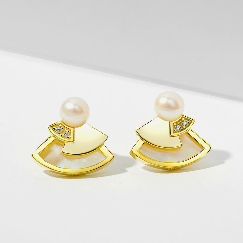 Mother of Pearl Fan Design Pearl Zircon Sterling Silver Stud Earrings