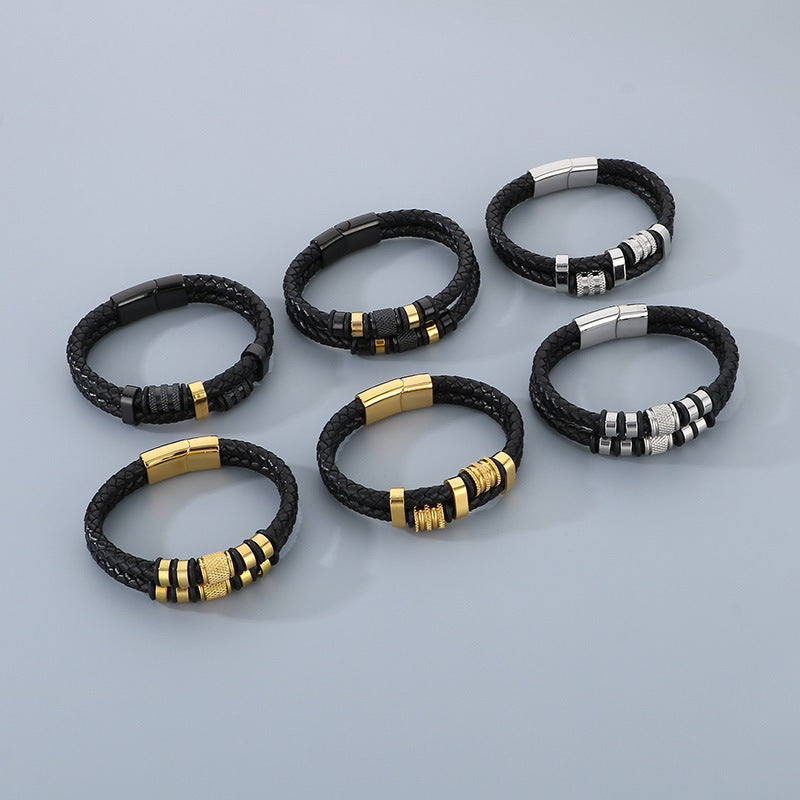 Business Style Double-Strand Woven Leather Rope Bracelet – Punk Stainless Steel Beaded