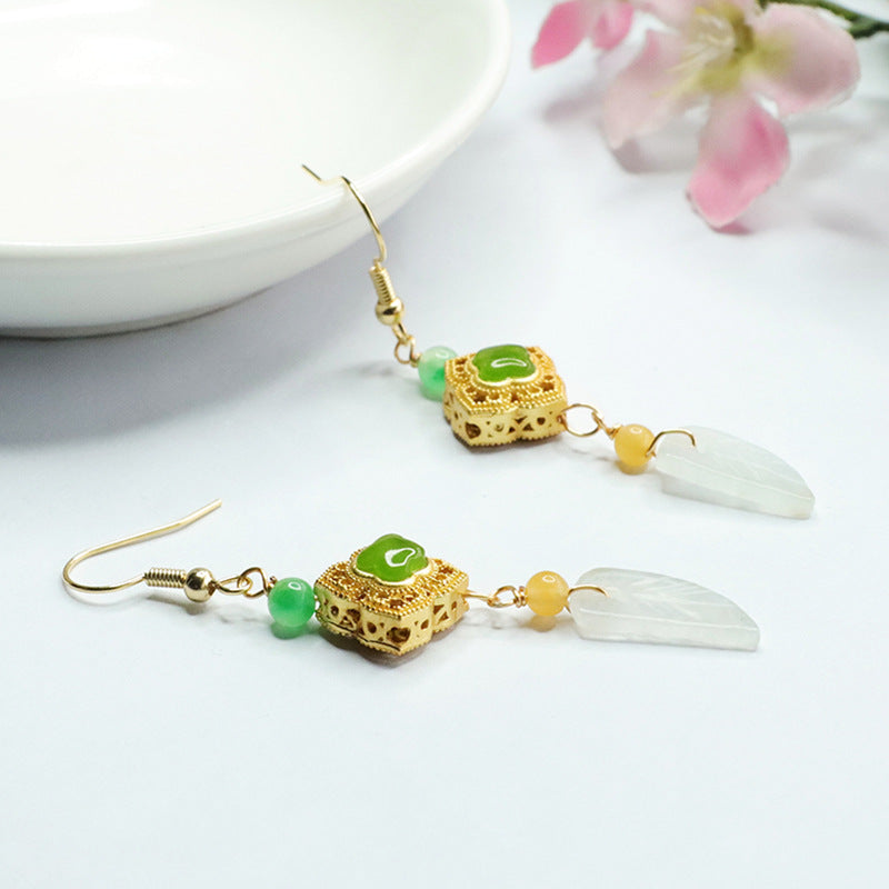 Four-Leaf Clover Sterling Silver Earrings with Natural Jade