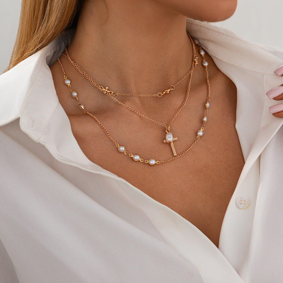 Cross, Pearl & Portrait Layered Necklace