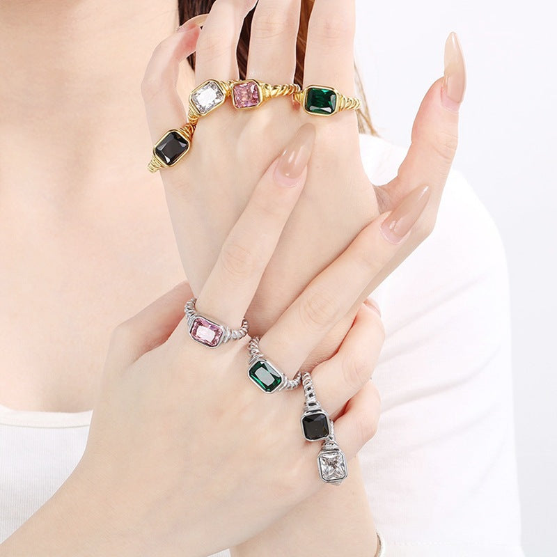 Twist Edge Square Inlaid Glass Ring Female, Design Sense Sugar