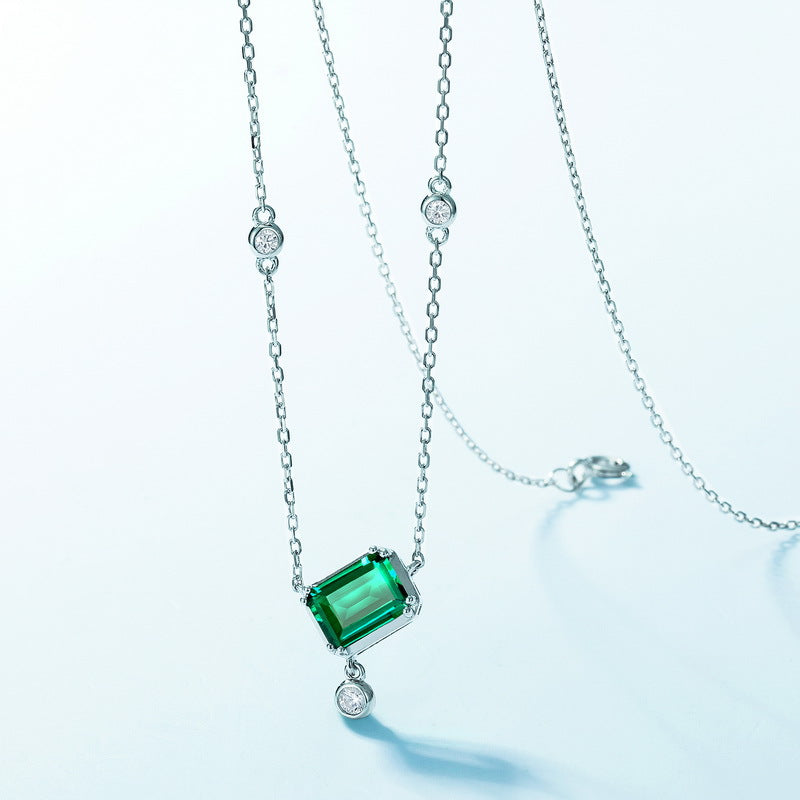 S925 Sterling Silver Lab-Grown Emerald Geometric Necklace