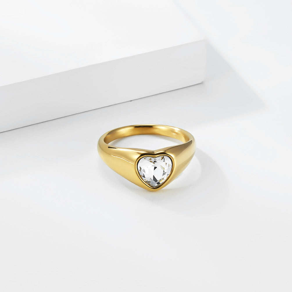 Zircon Ring – Elegant Heart-Shaped Gold-Plated Steel