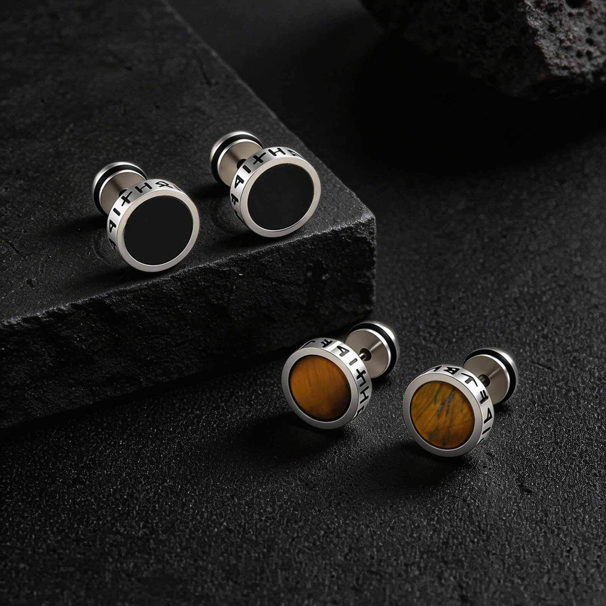 Stainless Steel Tiger's Eye Viking Black Earrings