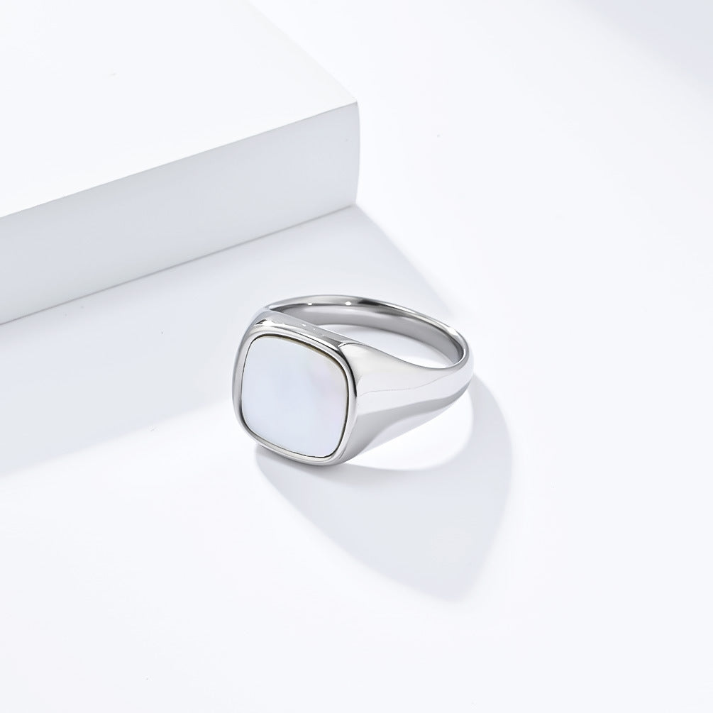 Planderful Titanium Steel Ring Unisex Square Seal With Shell Inlay Light Luxury Fashion Jewelry