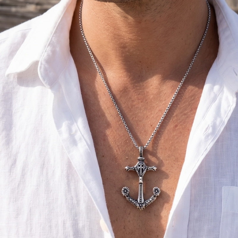 Vintage Celtic Carved Cross Anchor Necklace Iris Anchor Skull Stainless Steel Men's Pendant