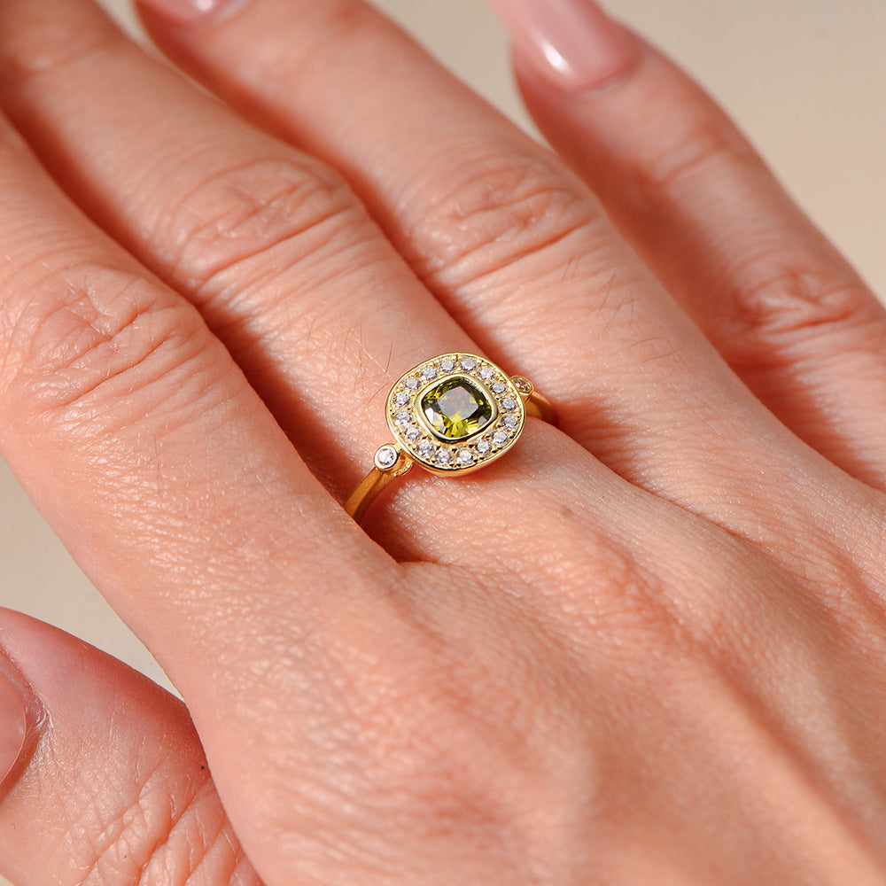 S925 Sterling Silver Oval Olive Green Zircon Ring Retro Index Finger Tail Ring