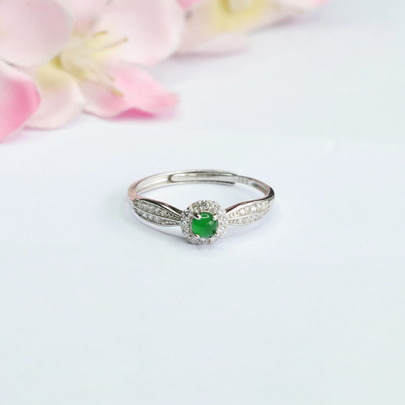 Sterling Silver Double Row Zircon Ring with Natural Ice Green Jade