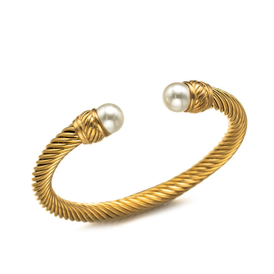 Planderful Stainless Steel Wire Rope Pearl Bracelet For Women Opening Clasp Elegant Everyday Genie Jewelry