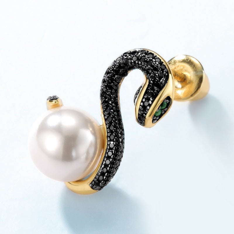 Black Snake Round Pearl Sterling Silver Stud Earrings
