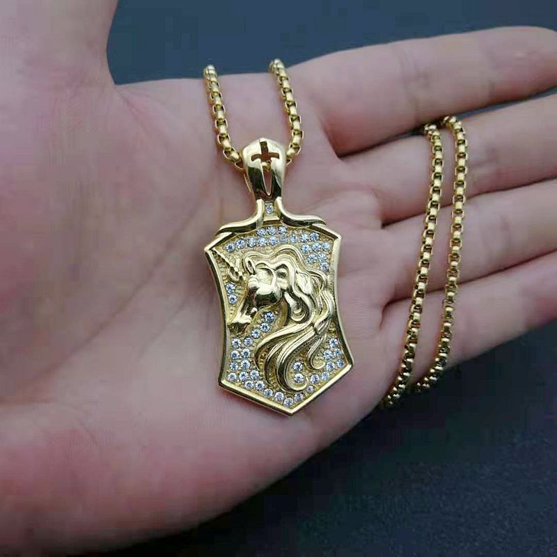 Planderful Everyday Genie Hip Hop Jewelry Pendant Titanium Steel Gold Plated Zircon Horse Head Unicorn Necklace For Men