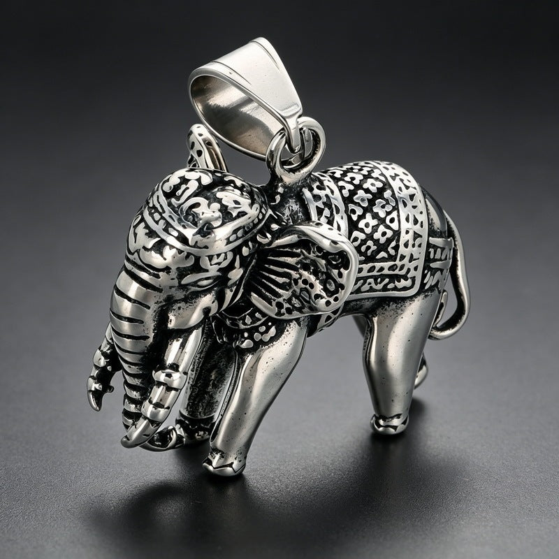 Vintage Ruby Jixiang Pendant Exotic Style Three-Dimensional Elephant Casting Pendant Stainless Steel Men's Necklace