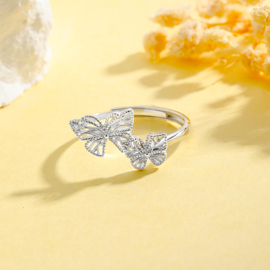 Fengsen Everyday Genie – S925 Sterling Silver Two Butterfly Filigree Ring Versatile High-End Design
